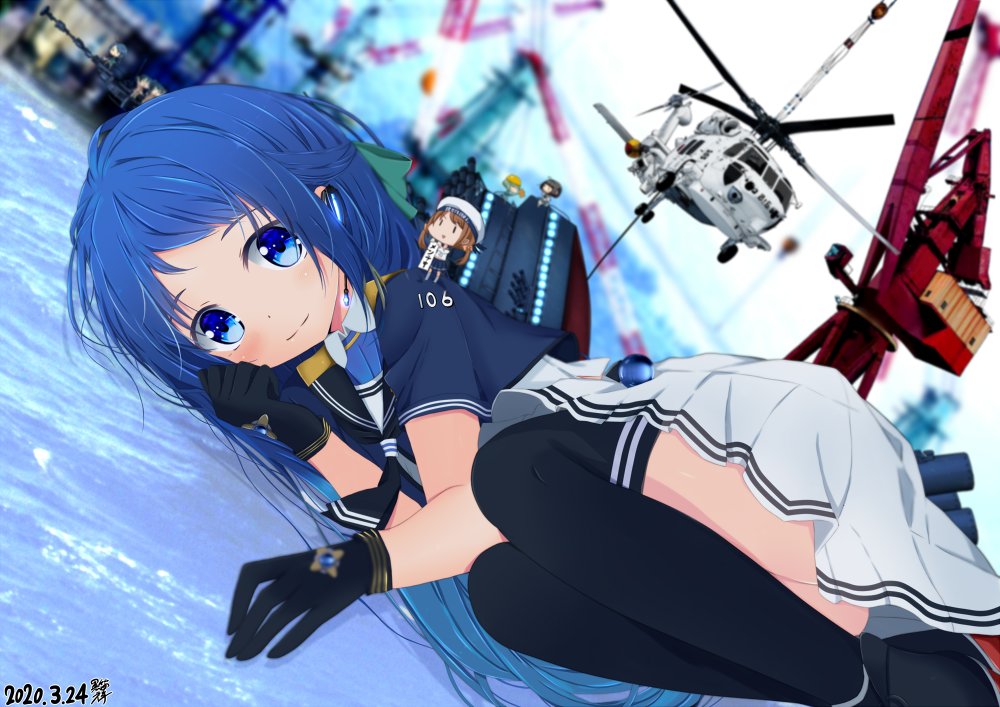 4girls aircraft bangs black_gloves black_legwear blue_eyes blue_hair commentary_request crane_(machine) dated dutch_angle elbow_gloves fairy_(kantai_collection) gloves gradient_hair helicopter k_b_sho kantai_collection long_hair lying machinery multicolored_hair multiple_girls on_side samidare_(jmsdf) samidare_(kantai_collection) school_uniform serafuku shirt sleeveless sleeveless_shirt solo_focus swept_bangs thigh-highs very_long_hair