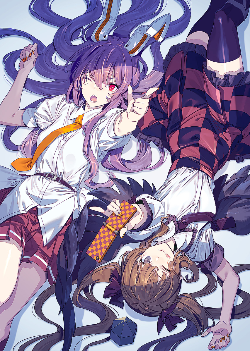 2girls ;o ;q animal_ears black_legwear black_wings blue_background breasts brown_hair cellphone checkered checkered_skirt commentary_request dress_shirt feet_out_of_frame flip_phone hair_ribbon hand_up hat highres himekaidou_hatate holding holding_phone long_hair looking_at_viewer miniskirt multiple_girls nail_polish necktie one_eye_closed open_mouth orange_nails phone pleated_skirt pointing pointing_at_viewer puffy_short_sleeves puffy_sleeves purple_hair purple_neckwear purple_ribbon purple_skirt rabbit_ears red_eyes reisen_udongein_inaba ribbon shirt short_sleeves skirt small_breasts thigh-highs thighs tokin_hat tongue tongue_out touhou twintails upside-down very_long_hair violet_eyes white_shirt wings yellow_neckwear zettai_ryouiki zounose