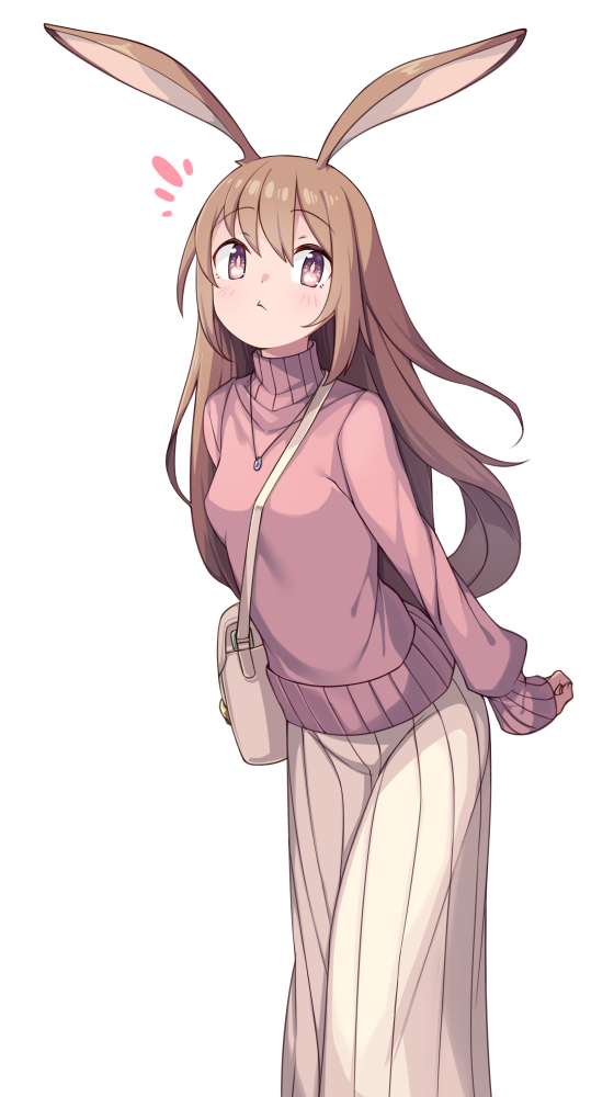 /\/\/\ 1girl animal_ears bag bangs blush breasts brown_hair bunny_girl casual closed_mouth eyebrows_visible_through_hair handbag jewelry leaning_forward long_hair long_skirt long_sleeves looking_at_viewer necklace original pink_sweater pleated_skirt rabbit_ears ribbed_sweater saiste shoulder_bag skirt sleeves_past_wrists small_breasts sweater turtleneck turtleneck_sweater very_long_hair violet_eyes white_background white_skirt
