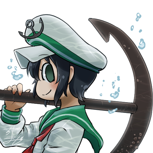 1girl anchor avatar_icon black_hair blush bubble chamaji commentary_request from_side green_eyes hat holding long_sleeves looking_at_viewer lowres murasa_minamitsu neckerchief on_shoulder partial_commentary sailor_collar short_hair sidelocks signature simple_background smile solo touhou upper_body white_background