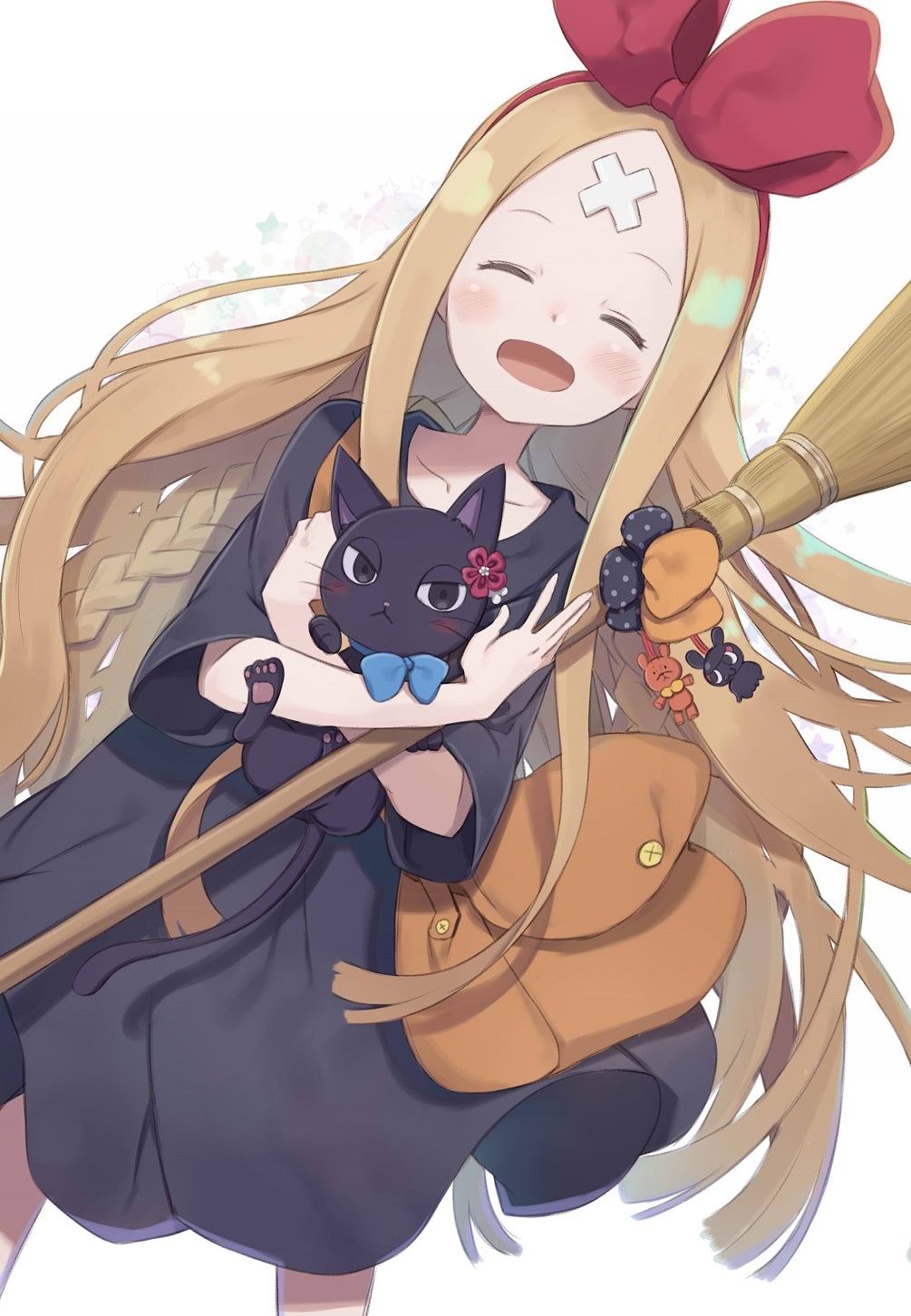 1girl abigail_williams_(fate/grand_order) bag bandaid_on_forehead black_cat blonde_hair bow braid broom cat charm_(object) closed_eyes cosplay fate/grand_order fate_(series) hair_bow highres kiki kiki_(cosplay) long_hair majo_no_takkyuubin smile totatokeke very_long_hair