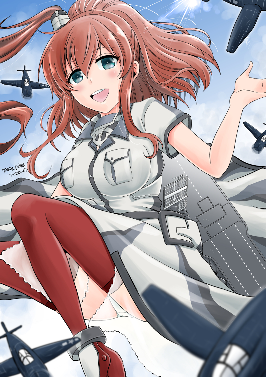 1girl aircraft airplane anchor blue_eyes blue_sky breast_pocket breasts brown_hair clouds commentary_request dated dress flight_deck grey_dress hair_between_eyes hair_ornament highres kantai_collection large_breasts lens_flare matsuura@parao neckerchief open_mouth panties pocket ponytail red_legwear remodel_(kantai_collection) revision round_teeth saratoga_(kantai_collection) side_ponytail sidelocks sky smile smokestack solo sun teeth thigh-highs twitter_username underskirt underwear upper_teeth white_panties