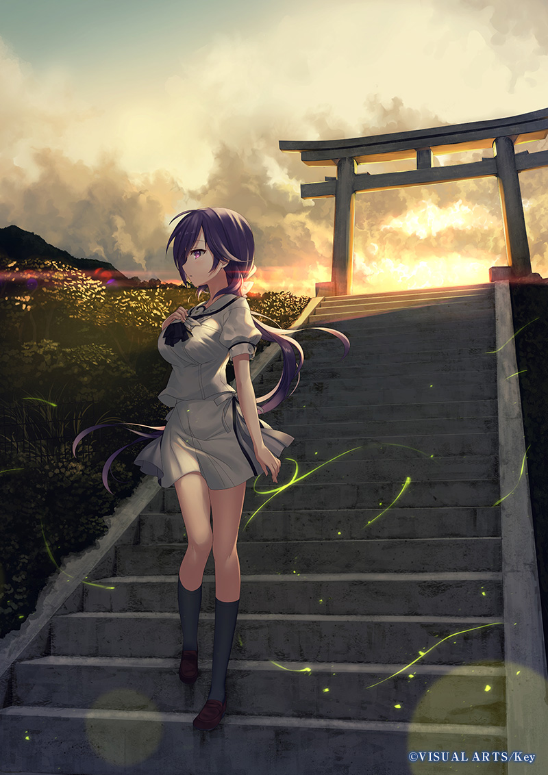 black_legwear breasts brown_footwear hand_on_own_chest large_breasts loafers long_hair low_ponytail mizuori_shizuku nagayama_yuunon neckerchief official_art outdoors puffy_short_sleeves puffy_sleeves purple_hair ribbon sailor_collar school_uniform serafuku shirt shoes short_sleeves skirt sky socks stairs summer_pockets sunset torii very_long_hair white_ribbon white_shirt white_skirt