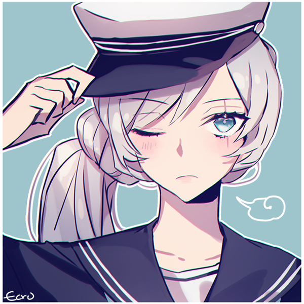 1girl adjusting_clothes adjusting_hat bangs blue_background blue_eyes blue_sailor_collar blue_shirt closed_mouth collarbone collared_shirt ecru eyebrows_visible_through_hair frown hat long_hair looking_at_viewer one_eye_closed portrait rwby sailor_collar sailor_shirt scar scar_across_eye shirt silver_hair smile solo swept_bangs weiss_schnee white_headwear