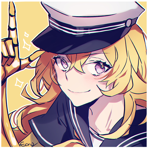 1girl blonde_hair blue_sailor_collar blue_shirt closed_mouth collarbone collared_shirt ecru hair_between_eyes index_finger_raised long_hair looking_at_viewer prosthesis prosthetic_arm rwby sailor_collar sailor_shirt shirt short_sleeves signature simple_background smile solo violet_eyes yang_xiao_long yellow_background