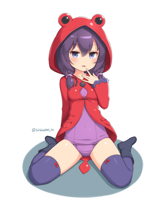 1girl alternate_color animal_ears bangs black_hair black_legwear blue_eyes boots coat commentary finger_to_mouth frog_hood frog_raincoat hood looking_at_viewer medium_hair open_mouth original purple_swimsuit raincoat red_coat rubber_boots sasaame shiny shiny_clothes sitting solo spread_legs swimsuit thigh-highs thighs wariza white_background