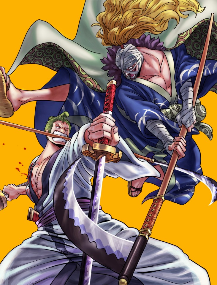 2boys bandaged_arm bandaged_head bandages battle blonde_hair blood cape earrings fighting_stance green_hair holding japanese_clothes jewelry katana killer_(one_piece) kimono living_(pixiv5031111) long_hair male_focus mask mouth_hold multiple_boys naginata one_piece open_mouth polearm roronoa_zoro sandals scar scar_across_eye scythe simple_background smile spoilers sword triple_wielding very_long_hair weapon wide_sleeves yellow_background