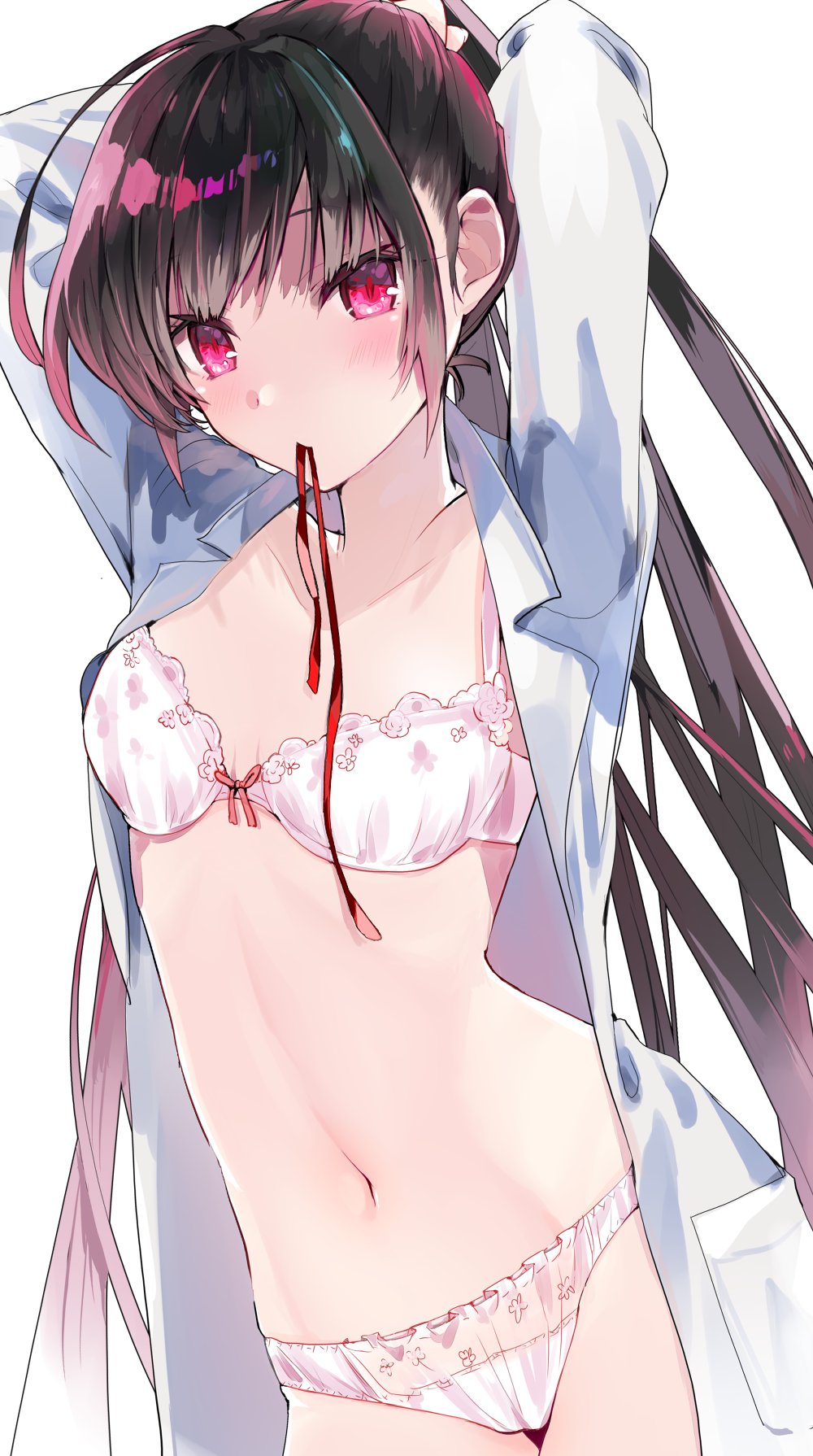 1girl arms_up bangs black_hair blush bow bow_bra bra closed_mouth collarbone collared_shirt commentary_request dress_shirt eyebrows_visible_through_hair highres long_hair long_sleeves looking_at_viewer mouth_hold navel open_clothes open_shirt original panties pink_bra pink_panties red_eyes red_ribbon redhead ribbon ribbon_in_mouth shirt sidelocks simple_background solo tomozero tying_hair underwear very_long_hair white_background white_shirt