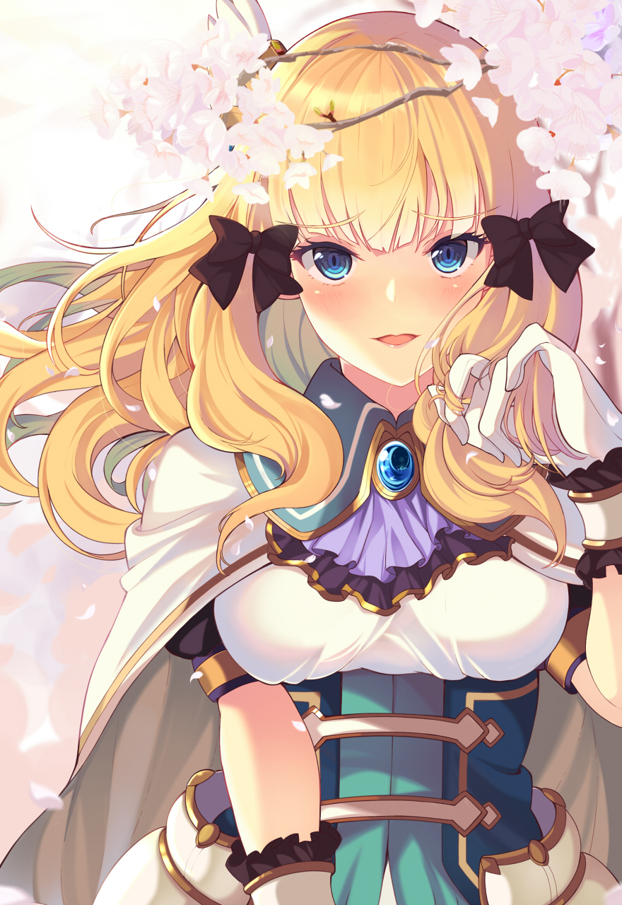 1girl black_bow blonde_hair blue_eyes bow breasts cape cloak eyebrows_visible_through_hair flower gem gloves hair_bow hand_in_hair highres long_hair mizuyoukan_(mikususannda) petals princess_connect! princess_connect!_re:dive sasaki_saren white_cloak white_flower white_gloves