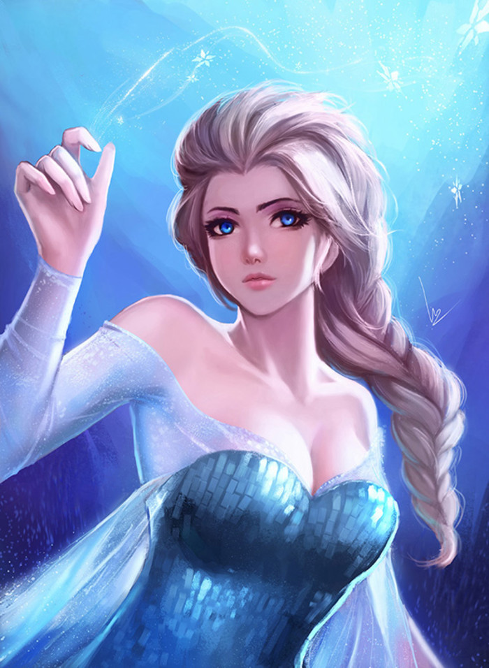 1girl arm_up blonde_hair blue_background blue_eyes breasts dress elsa_(frozen) frozen_(disney) lips long_hair looking_at_viewer nguyen_uy_vu solo