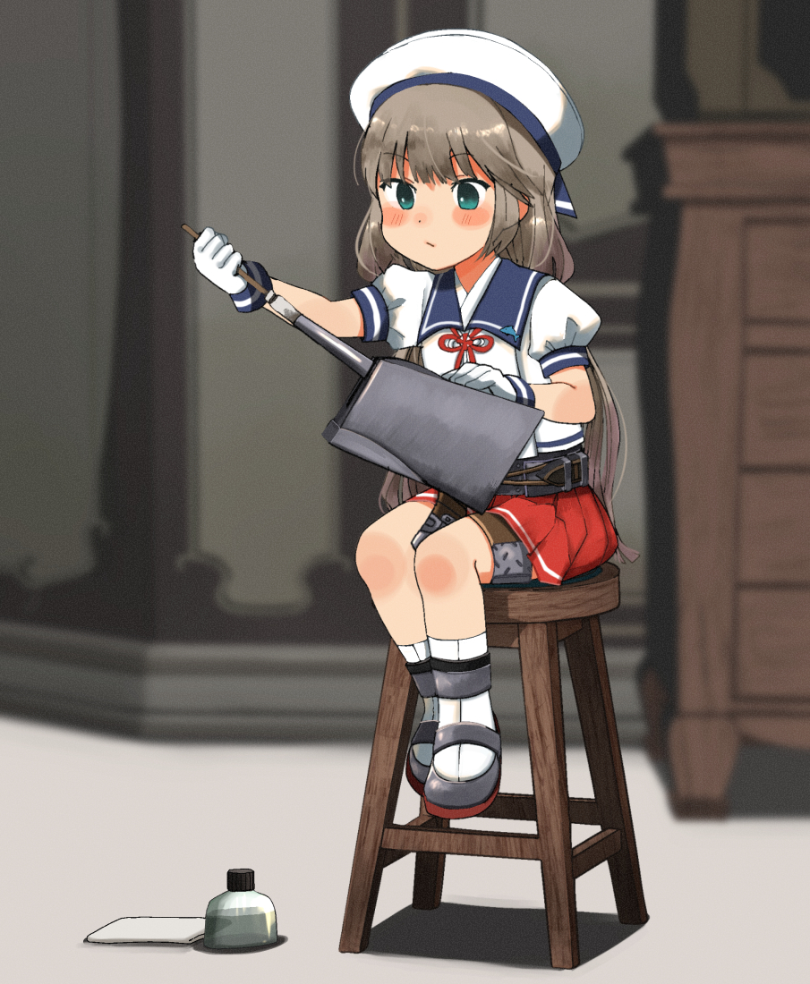 1girl annin_musou blush chair cleaning_gun cleaning_weapon eyebrows_visible_through_hair gloves green_eyes grey_hair hat kantai_collection long_hair low_twintails mikura_(kantai_collection) motion_lines pleated_skirt puffy_short_sleeves puffy_sleeves red_ribbon red_skirt ribbon sailor_collar sailor_hat sailor_shirt school_uniform serafuku shirt short_sleeves sitting skirt socks solo stool turret twintails white_gloves white_headwear white_legwear white_shirt