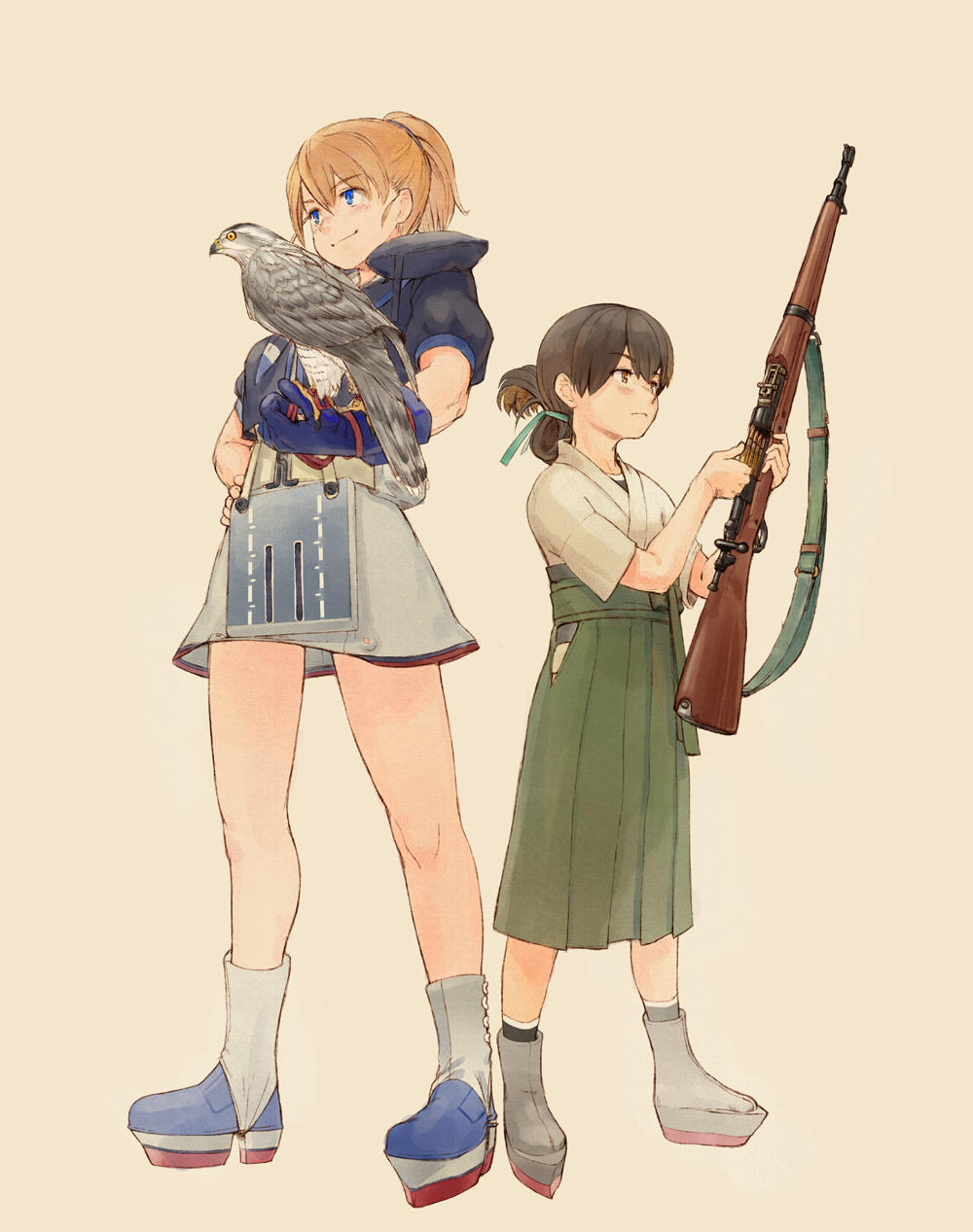 2girls bangs bird bird_request blonde_hair blue_eyes blush breasts brown_hair closed_mouth eyebrows_visible_through_hair flight_deck folded_ponytail full_body green_hakama gun hakama hand_on_hip highres holding holding_gun holding_weapon intrepid_(kantai_collection) japanese_clothes kantai_collection kasuga_maru_(kantai_collection) m1903_springfield multiple_girls neck_pillow nogiguchi_kohiro ponytail shirt short_sleeves simple_background skirt smile standing taiyou_(kantai_collection) weapon yellow_background