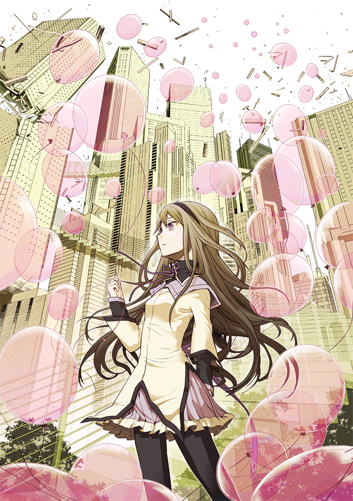 1girl akemi_homura arm_at_side balloon black_hair black_hairband black_legwear breasts building capelet city day debris destruction expressionless fence floating_hair frilled_skirt frills from_below hair_between_eyes hairband hand_up high_collar holding holding_balloon leaf legs_apart long_hair long_sleeves looking_up mahou_shoujo_madoka_magica neck_ribbon outdoors pantyhose parted_lips perspective pleated_skirt profile purple_capelet purple_neckwear purple_ribbon purple_skirt reo_(pilot) ribbon see-through skirt sky small_breasts solo stairs standing straight_hair too_many too_many_balloons tree upper_body violet_eyes