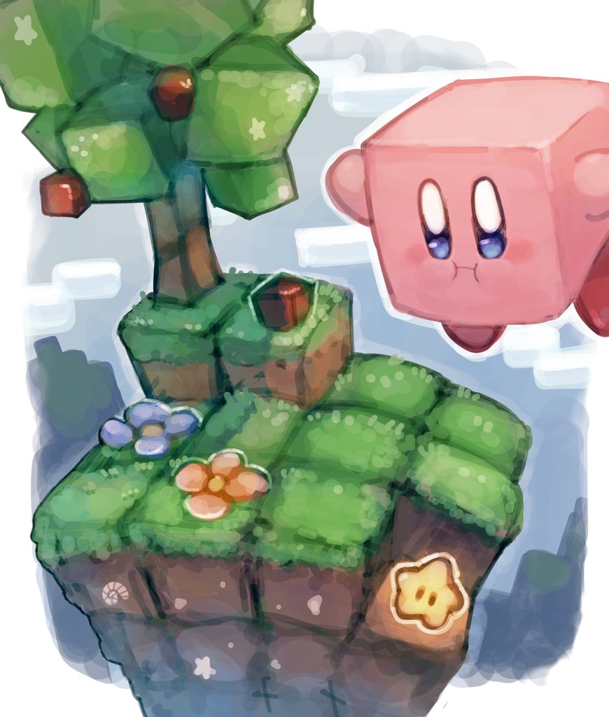 apple commentary_request day floating flower food fruit grass kirby kirby_(series) minecraft no_humans outdoors shiburingaru star tree