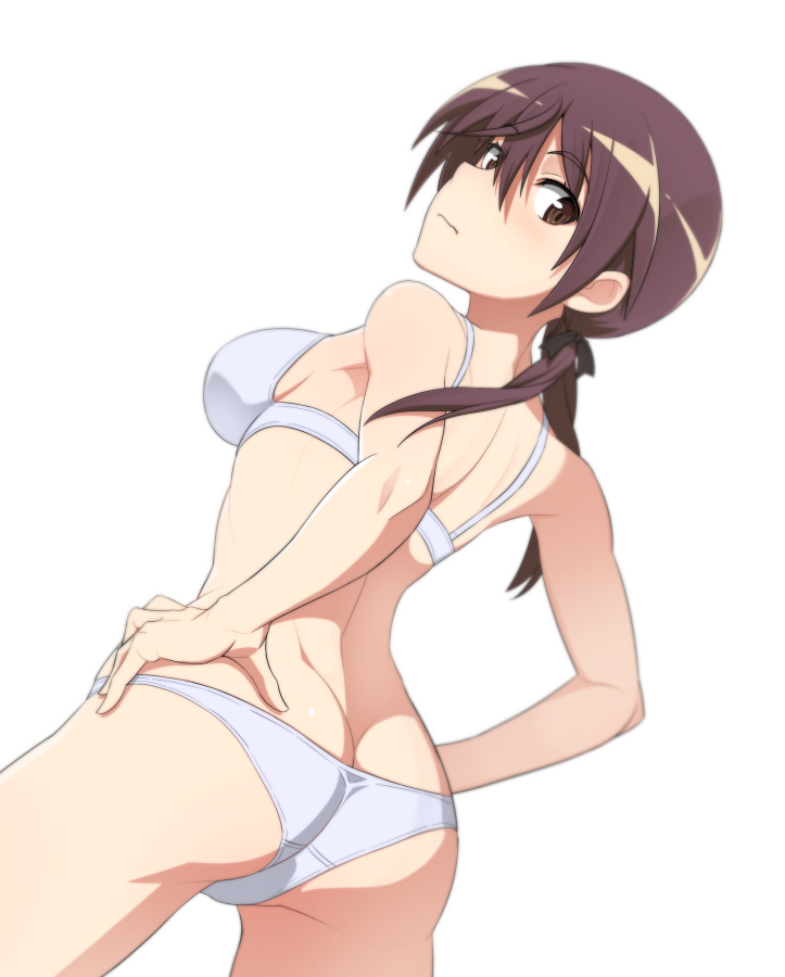 1girl ass bikini blush breasts brown_eyes brown_hair cowboy_shot dutch_angle gertrud_barkhorn groin_tendon hair_between_eyes hands_on_hips long_hair looking_at_viewer medium_breasts nanashino sideboob solo strike_witches swimsuit thighs white_background white_bikini world_witches_series