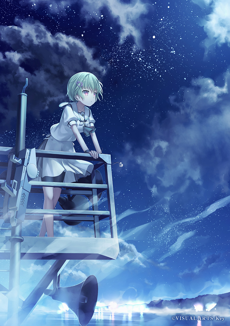 bike_shorts black_shorts company_name green_hair humuyun megaphone neckerchief night night_sky nomura_miki official_art ribbon sailor_collar school_uniform serafuku shell_necklace short_hair shorts shorts_under_skirt sky star_(sky) starry_sky summer_pockets wristband