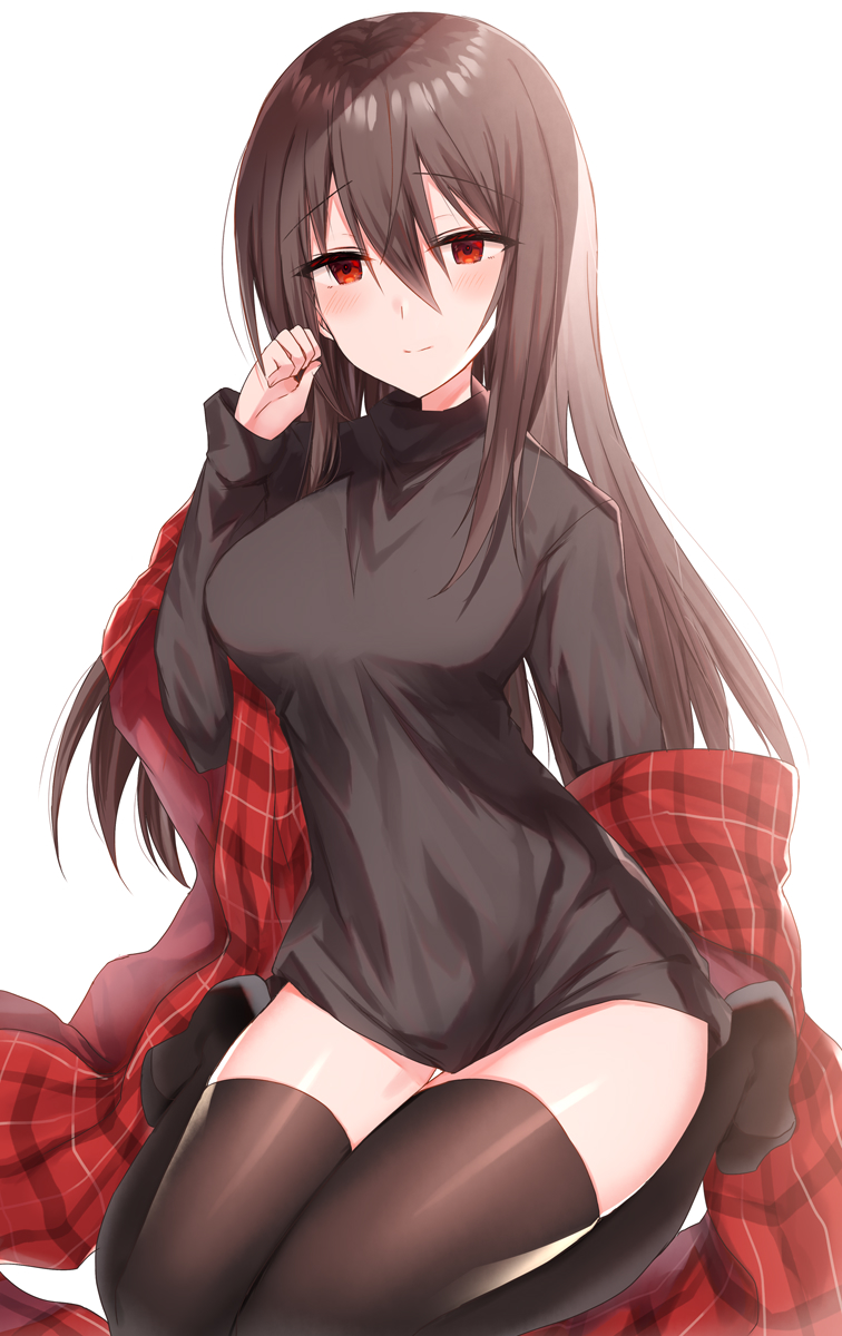 1girl arm_at_side bangs black_legwear black_shirt blush breasts brown_hair closed_mouth cropped_legs eyebrows_visible_through_hair hair_between_eyes hand_up highres kinona knees_together_feet_apart long_hair long_sleeves looking_at_viewer medium_breasts no_pants no_shoes original plaid red_eyes shawl shirt simple_background sitting sleeves_past_wrists slender_waist smile solo sweater thigh-highs thigh_gap turtleneck turtleneck_sweater very_long_hair wariza white_background