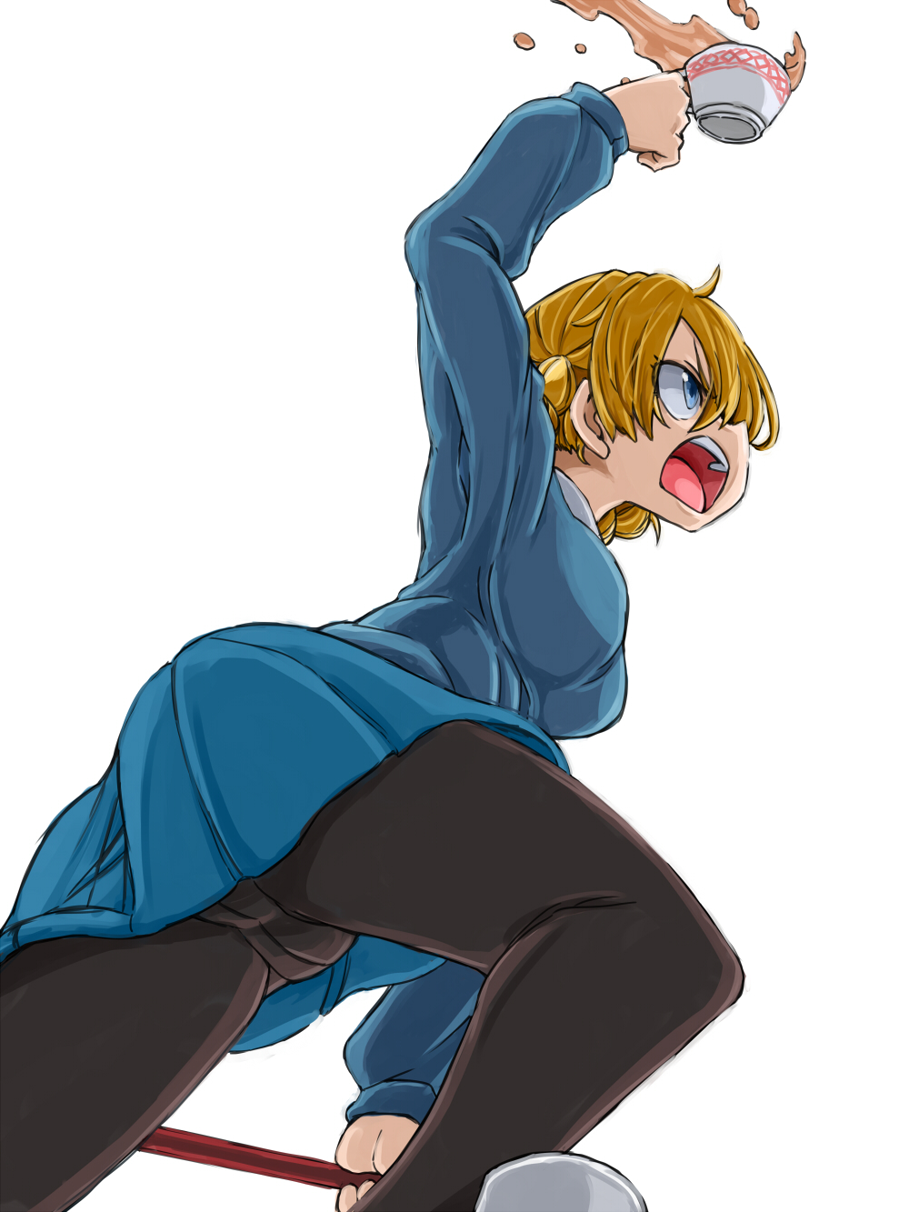 1girl aono3 arm_up bangs black_legwear blonde_hair blue_eyes blue_skirt blue_sweater braid commentary cup darjeeling_(girls_und_panzer) frown girls_und_panzer gusset highres holding holding_cup leaning_forward leg_up long_sleeves miniskirt open_mouth panties panties_under_pantyhose pantyhose pantyshot pantyshot_(standing) pleated_skirt school_uniform short_hair simple_background skirt solo spilling st._gloriana's_school_uniform standing sweater tea teacup tied_hair underwear upskirt v-neck white_background