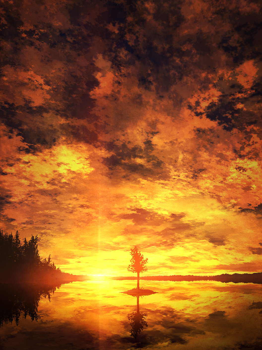 clouds cloudy_sky commentary_request forest highres island lake mks nature no_humans original outdoors reflection revision scenery sky star_(sky) starry_sky sunset tree twilight water_surface yellow_sky
