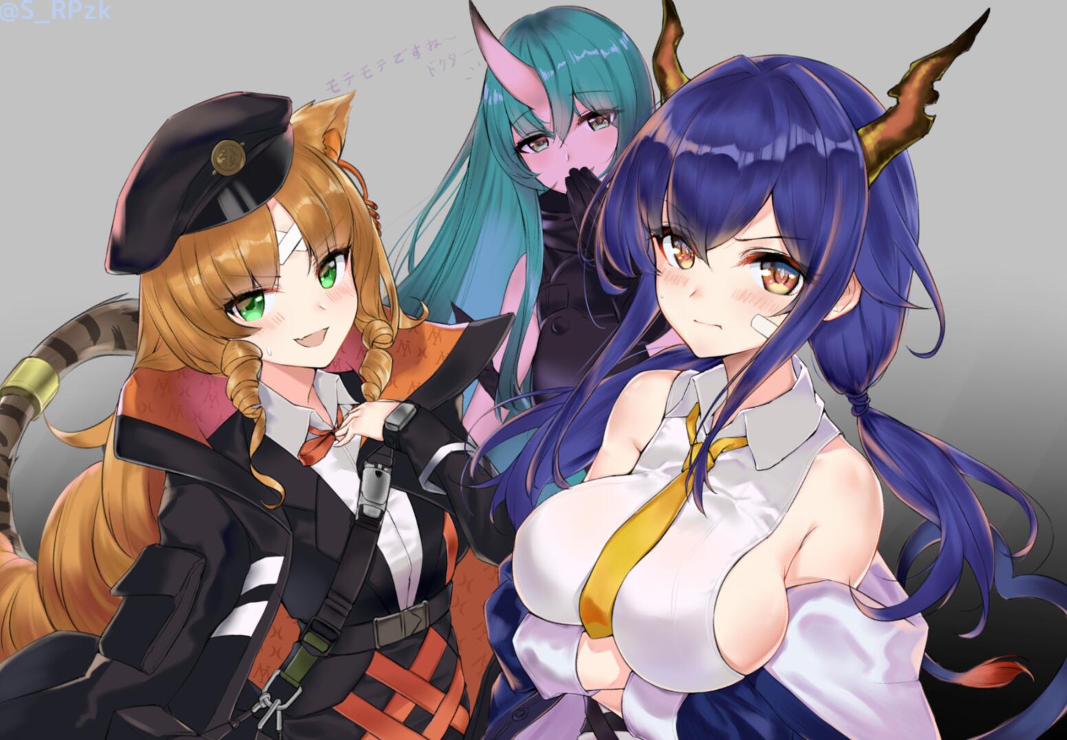 3girls :d animal_ears aqua_eyes aqua_hair arknights bandaid bandaid_on_cheek bandaid_on_forehead bangs bare_shoulders belt black_gloves black_headwear black_jacket blue_hair blush bow bowtie breast_hold breasts brown_eyes brown_hair ch'en_(arknights) commentary_request crossed_arms dragon_horns dragon_tail drill_hair drill_locks eyebrows_visible_through_hair gloves gradient gradient_background green_eyes hair_between_eyes hat horn horns hoshiguma_(arknights) jacket kakeru_(kakeru) long_hair long_sleeves looking_at_viewer low_twintails multiple_girls necktie off_shoulder oni oni_horn open_mouth peaked_cap revision sidelocks smile swire_(arknights) tail tiger_ears tiger_tail translated twintails upper_body very_long_hair wing_collar yellow_bow yellow_neckwear
