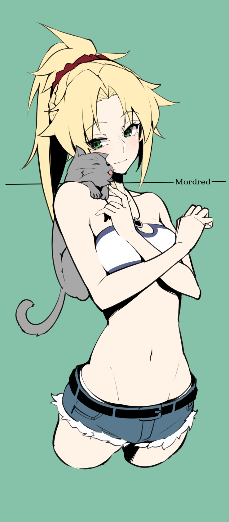 1girl bandeau belt black_belt blonde_hair cat character_name cropped_legs denim denim_shorts fate/apocrypha fate_(series) green_background grey_cat groin highres jewelry light_smile long_hair looking_to_the_side mordred_(fate)_(all) navel necklace ponytail red_scrunchie scrunchie shorts smile solo takatun223 tongue
