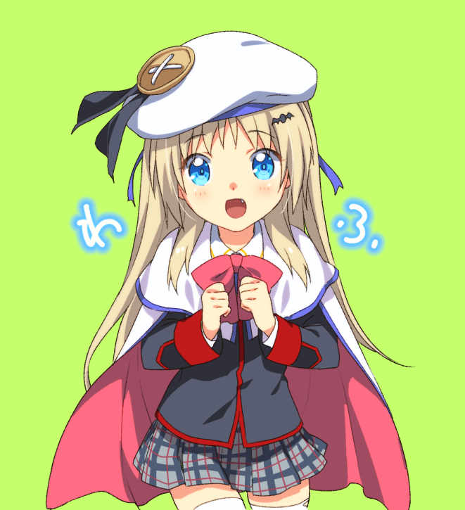1girl blonde_hair blue_eyes bow cape cowboy_shot fang green_background little_busters!! long_hair looking_at_viewer noumi_kudryavka open_mouth pink_bow plaid plaid_skirt satomi_yoshitaka school_uniform simple_background skirt smile solo thigh-highs white_legwear