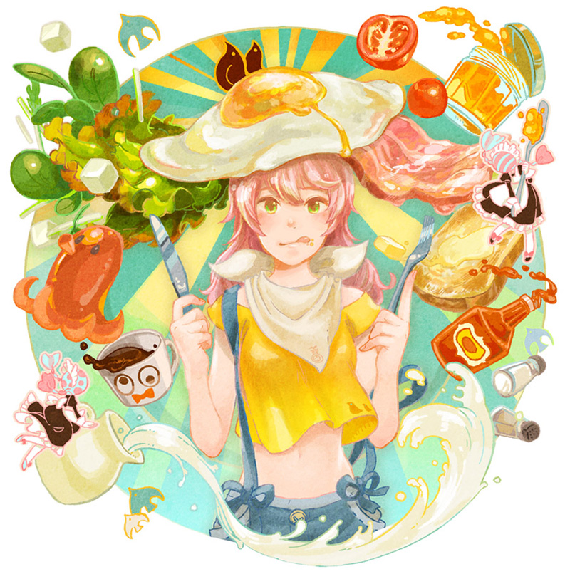 1girl bread cowboy_shot crop_top cube egg food fork green_eyes holding holding_fork holding_knife jar knife long_sleeves meat navel original pink_eyes sauce shirt short_sleeves solo spoon suspenders tami_yagi tomato tongue tongue_out yellow_shirt