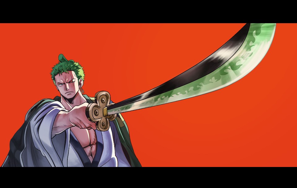 1boy abs alternate_costume alternate_hairstyle closed_mouth earrings fighting_stance green_hair holding holding_sword holding_weapon japanese_clothes jewelry katana kimono letterboxed living_(pixiv5031111) looking_at_viewer male_focus muscle one_eye_closed one_piece red_background roronoa_zoro samurai scar scar_across_eye simple_background solo sword topknot upper_body weapon