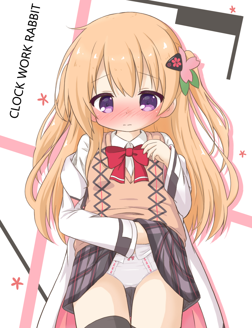 1girl ass_visible_through_thighs bangs black_legwear blush bow bow_panties brown_hair clockwork_rabbit closed_mouth collared_shirt commentary_request copyright_name eyebrows_visible_through_hair gochuumon_wa_usagi_desu_ka? grey_skirt hair_between_eyes hair_ornament hairclip hand_under_clothes hand_under_skirt hand_up highres hoto_cocoa long_hair long_sleeves looking_at_viewer nose_blush panties plaid plaid_skirt red_bow ribbon-trimmed_panties rinechun shirt skirt skirt_lift solo sweater_vest thigh-highs two_side_up underwear very_long_hair violet_eyes white_background white_panties white_shirt wide_sleeves