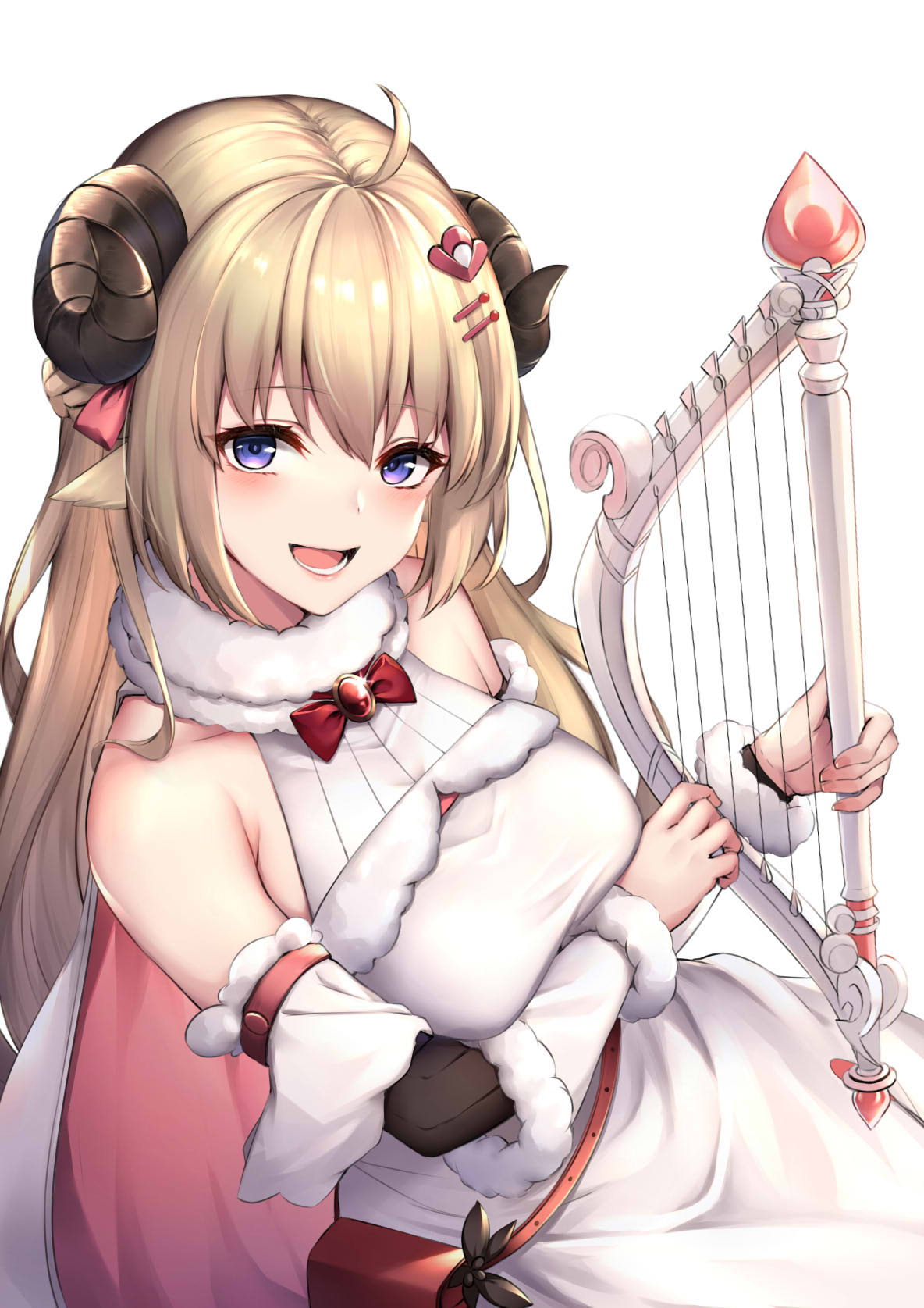 1girl :d ahoge animal_ears bangs bare_shoulders belt belt_pouch blonde_hair blue_eyes blush breasts brooch cape commentary detached_sleeves dress eyebrows_visible_through_hair fur-trimmed_sleeves fur_collar fur_trim gem hair_ornament hairclip harp highres holding holding_instrument hololive horns instrument jewelry long_hair looking_at_viewer medium_breasts open_mouth pink_cape pouch red_ribbon ribbon ruby_(gemstone) sheep_ears sheep_girl sheep_horns simple_background sitting smile solo tsunomaki_watame very_long_hair virtual_youtuber white_background white_dress ym_(distance819)