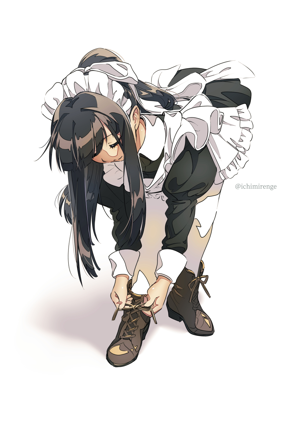 1girl apron artist_name bent_over black_dress black_hair boots brown_footwear closed_eyes commentary_request dress full_body highres ichimirenge laces long_hair maid maid_headdress original pantyhose ponytail ribbon simple_background solo tying white_apron white_background white_legwear