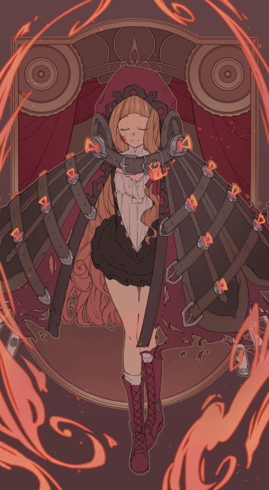 1girl bangs belt belt_buckle black_dress blood blood_on_face blood_splatter blunt_bangs boots brown_belt buckle cape closed_eyes closed_mouth dress fire full_body hood hood_up hooded_cape keyhole knee_boots little_red_riding_hood_(sinoalice) lock long_hair padlock paimu_h red_cape red_hood short_dress sidelocks sinoalice smile solo standing torn_clothes wavy_hair