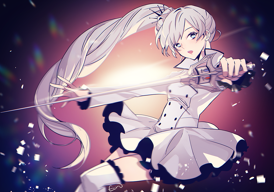 1girl bangs dress ecru floating_hair grey_eyes hair_ornament holding holding_sword holding_weapon long_hair long_sleeves looking_at_viewer myrtenaster open_mouth pleated_dress rwby short_dress silver_hair solo swept_bangs sword thigh-highs very_long_hair weapon weiss_schnee white_dress white_legwear zettai_ryouiki