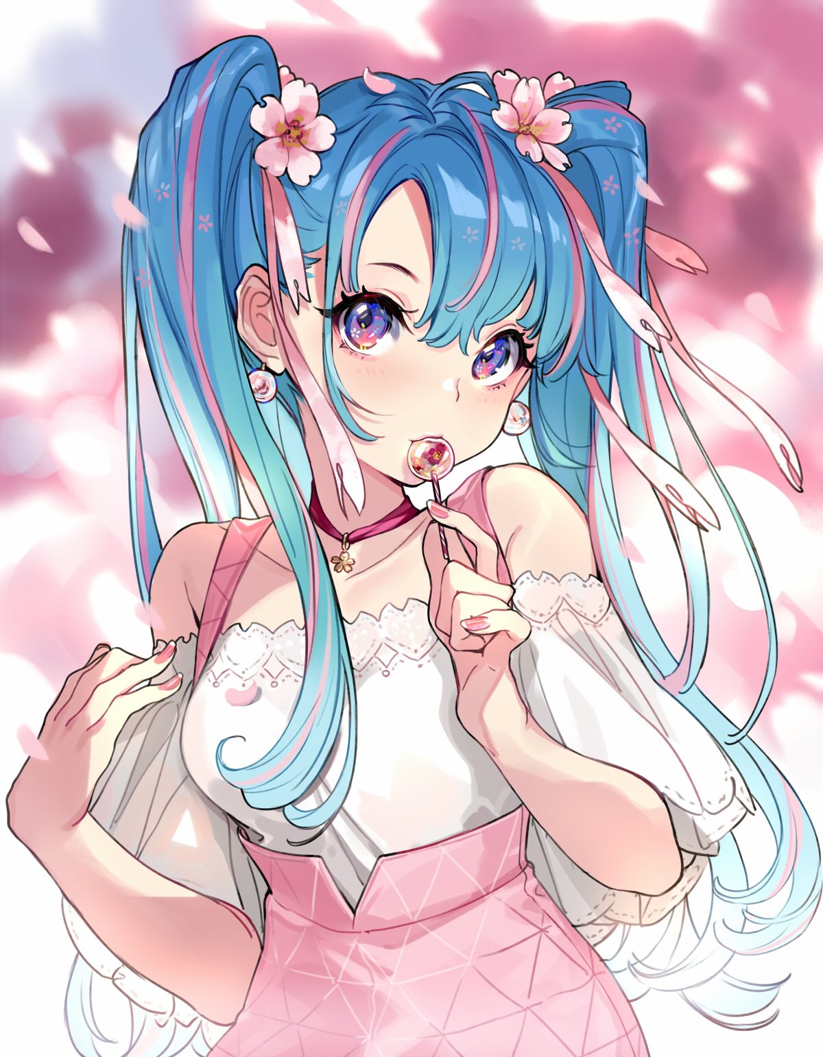 1girl bangs bare_shoulders blue_hair blurry blurry_background blush candy choker collarbone commentary depth_of_field earrings eating fingernails flower food hair_flower hair_ornament hatsune_miku high-waist_skirt highres holding holding_food jewelry lollipop long_fingernails long_hair looking_at_viewer multicolored_hair nail_polish off-shoulder_shirt off_shoulder petals pink_flower pink_hair pink_nails pink_skirt purple_choker shirt skirt solo suspender_skirt suspenders twintails two-tone_hair upper_body violet_eyes vocaloid white_shirt yuu_(higashi_no_penguin)