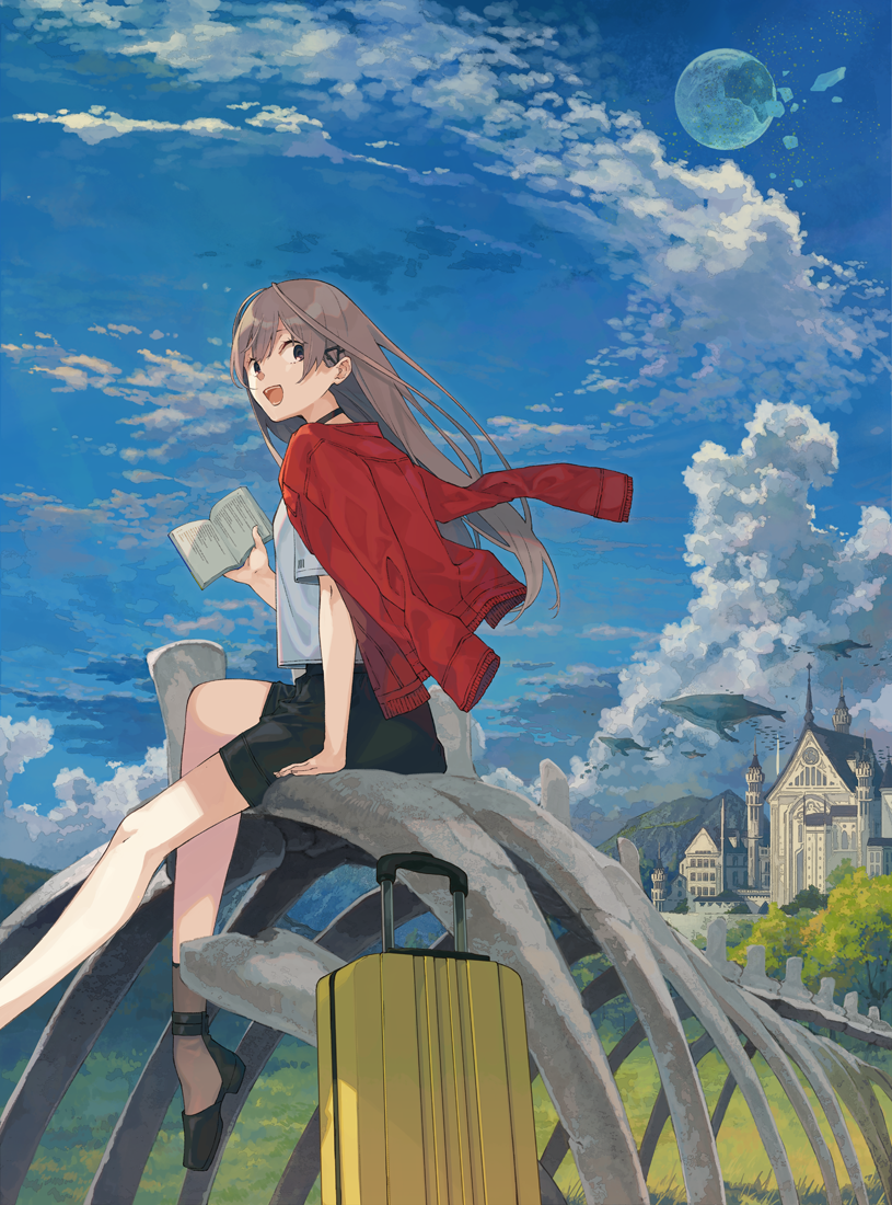 1girl bone book broken brown_eyes castle clouds fantasy happy hill holding holding_book jacket_on_shoulders light_brown_hair long_hair looking_to_the_side moon original sky smile solo suitcase tree tsukugu whale wind