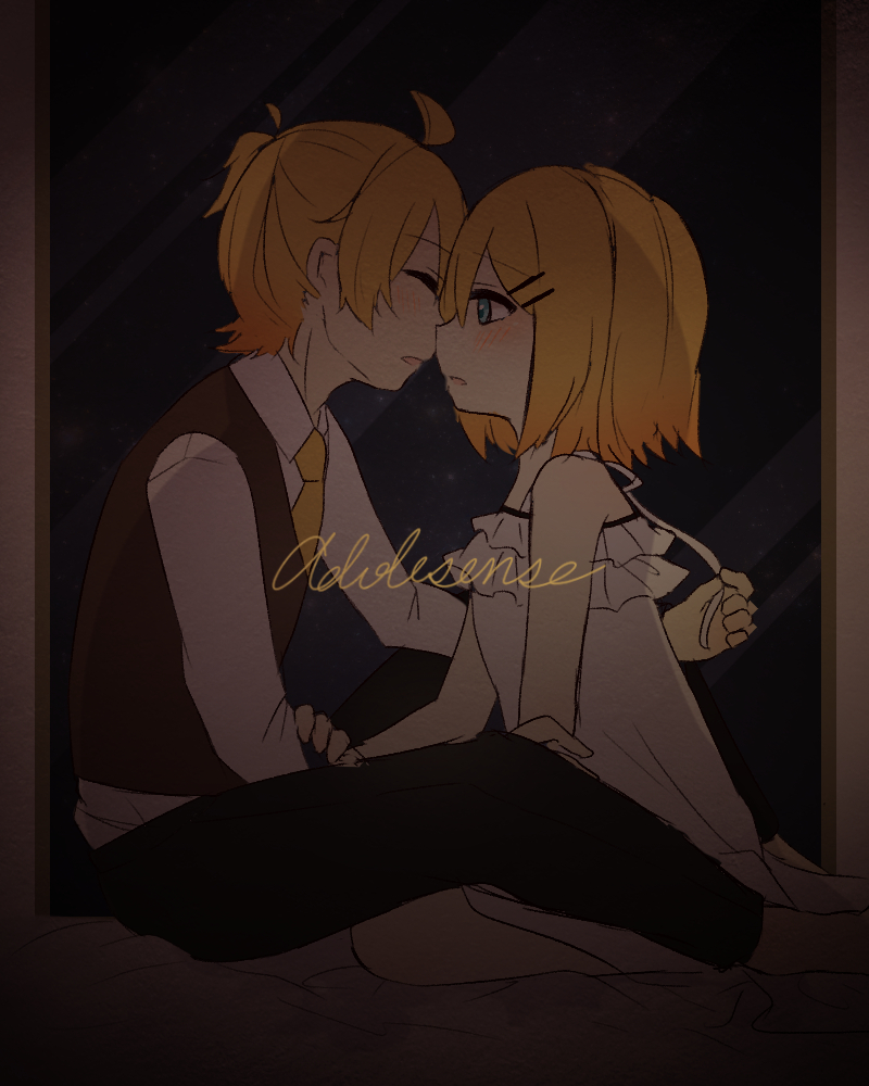 1boy 1girl adolescence_(vocaloid) bed bed_sheet blonde_hair blue_eyes blush brother_and_sister camisole closed_eyes eyebrows_visible_through_hair face-to-face frilled_camisole hair_ornament hairclip imminent_kiss incest kagamine_len kagamine_rin kneeling leaning_forward necktie on_bed parted_lips sazanami_(ripple1996) shirt short_hair short_ponytail siblings sitting sleeveless_blazer song_name spaghetti_strap twincest twins typo untying vocaloid white_camisole window yellow_neckwear