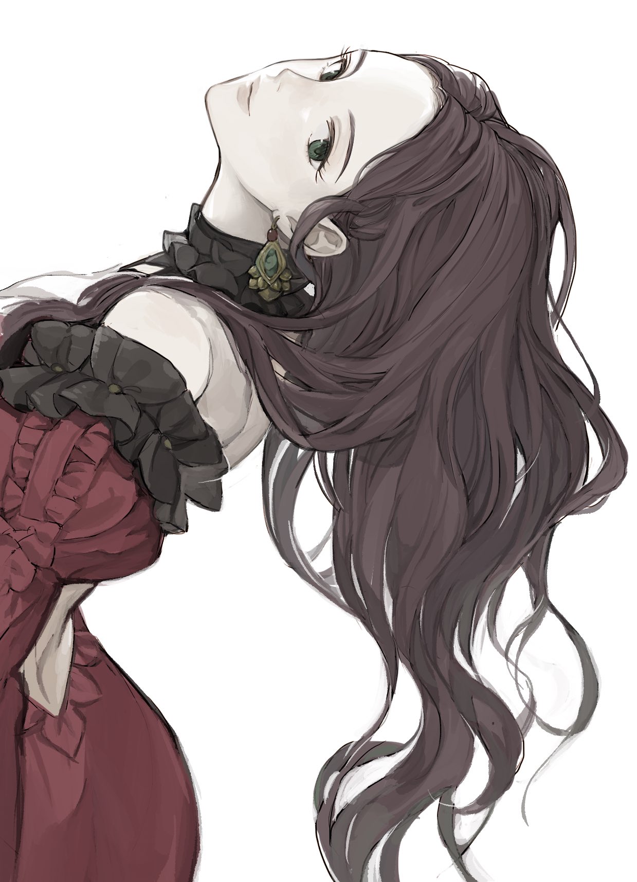 1girl brown_hair closed_mouth dorothea_arnault dress earrings fire_emblem fire_emblem:_three_houses from_side green_eyes highres jewelry long_hair looking_to_the_side pieces_fe3h simple_background solo white_background