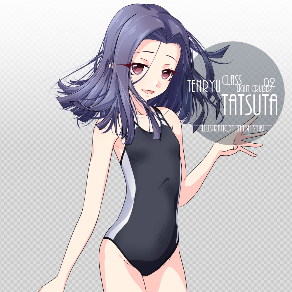 1girl alternate_breast_size artist_name black_swimsuit character_name checkered checkered_background collarbone cowboy_shot flat_chest gradient gradient_background grey_background inaba_shiki kantai_collection medium_hair new_school_swimsuit one-piece_swimsuit purple_hair red_eyes school_swimsuit smile solo swimsuit tatsuta_(kantai_collection) younger