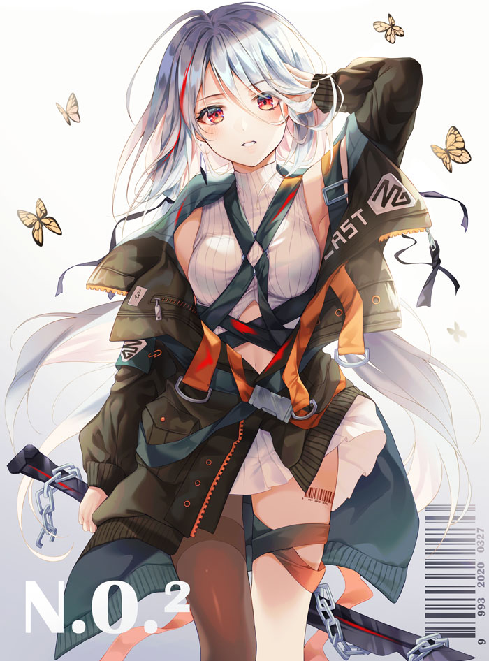 1girl arm_up armpits barcode_tattoo bare_shoulders black_jacket breasts brown_legwear bug butterfly chain crop_top develop2 holding holding_sword holding_weapon insect jacket leg_ribbon long_hair long_sleeves looking_at_viewer medium_breasts miniskirt multicolored_hair navel open_clothes open_jacket original parted_lips pleated_skirt red_eyes ribbed_shirt ribbon shirt silver_hair single_thighhigh skirt sleeveless sleeveless_shirt sleeveless_turtleneck solo stomach streaked_hair sword tattoo thigh-highs turtleneck very_long_hair weapon white_shirt white_skirt