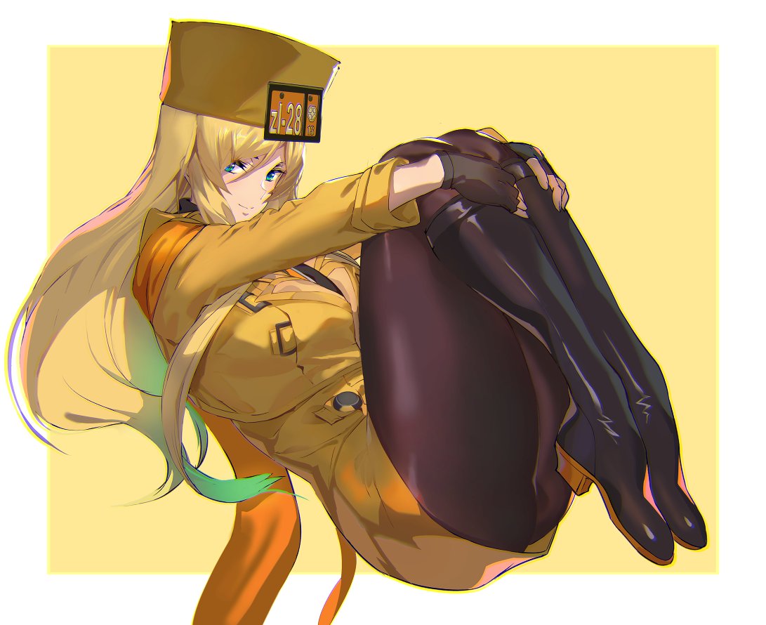 1girl ashiomi_masato black_footwear blonde_hair blue_eyes boots brown_legwear commentary_request curled_up eyes_visible_through_hair fingerless_gloves fur_hat gloves guilty_gear guilty_gear_strive hat jacket knee_boots long_hair long_sleeves millia_rage orange_scarf pantyhose plantar_flexion revision scarf solo ushanka yellow_headwear