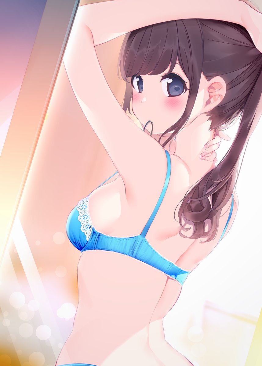 1girl arm_up bangs bare_arms bare_shoulders blue_bra blue_panties blush bra breasts brown_hair chikuwa. closed_mouth commentary_request eyebrows_behind_hair from_behind grey_eyes hair_tie hair_tie_in_mouth highres long_hair looking_at_viewer looking_back medium_breasts mirror mouth_hold nail_polish original panties pink_nails ponytail reflection sidelocks solo tying_hair underwear underwear_only