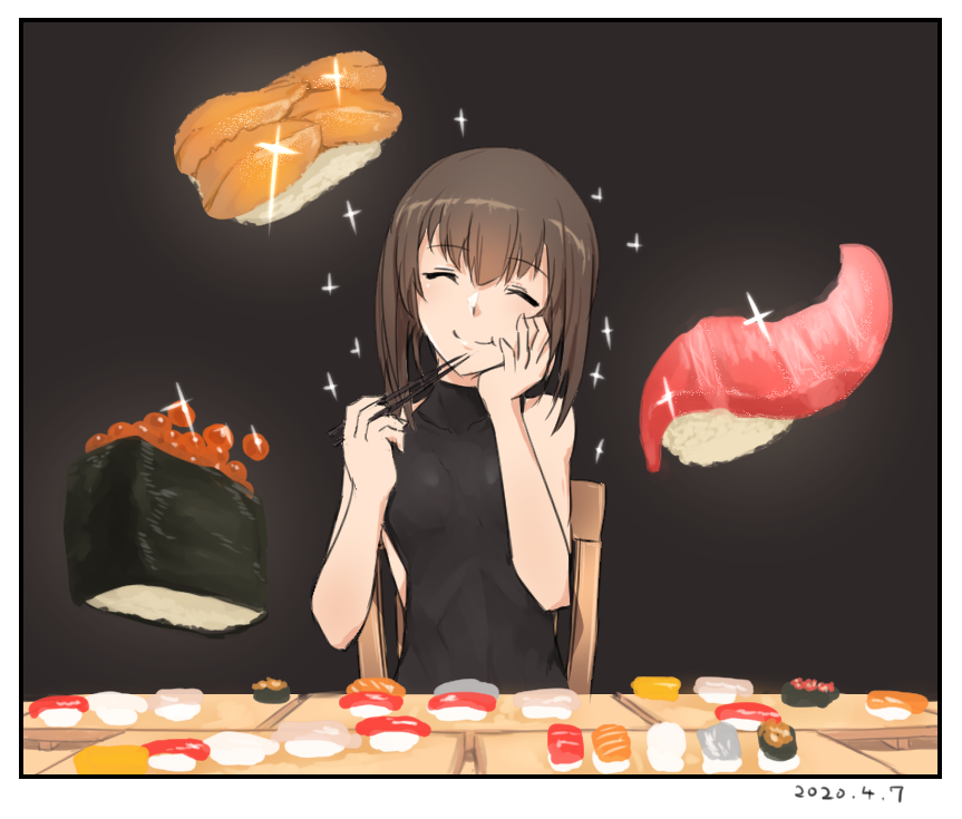1girl black_background black_dress brown_hair chopsticks closed_eyes commentary_request dated dress eating food hand_on_own_face inverted_bob kantai_collection smile solo sparkle sushi taihou_(kantai_collection) tsukira_(amayadori) upper_body