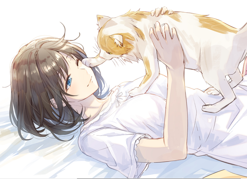 1girl bed_sheet blue_eyes bob_cut breasts brown_hair cat cat_on_person commentary hair_strand holding holding_cat light_smile looking_at_animal lying medium_breasts mono_lith nightgown on_back on_bed one_eye_closed original pawing short_hair simple_background solo white_background white_nightgown