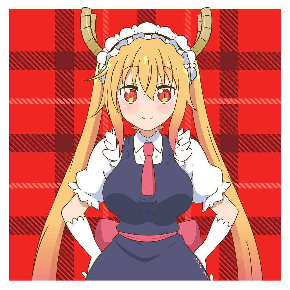 1girl artsy-rc blush closed_mouth collared_shirt dated dragon_horns dress eyebrows_visible_through_hair gloves gradient_hair grey_dress hands_on_hips horns kobayashi-san_chi_no_maidragon long_hair looking_at_viewer maid maid_headdress multicolored_hair necktie plaid plaid_background puffy_short_sleeves puffy_sleeves red_background red_eyes red_neckwear sash shirt short_sleeves signature slit_pupils smile solo tooru_(maidragon) twintails white_gloves wing_collar
