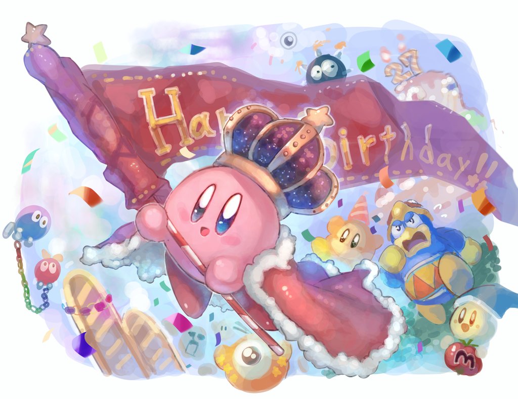 :d birthday birthday_cake blush_stickers cake candle commentary_request crown food happy_birthday holding king_dedede kirby kirby_(series) maxim_tomato open_mouth running shiburingaru smile