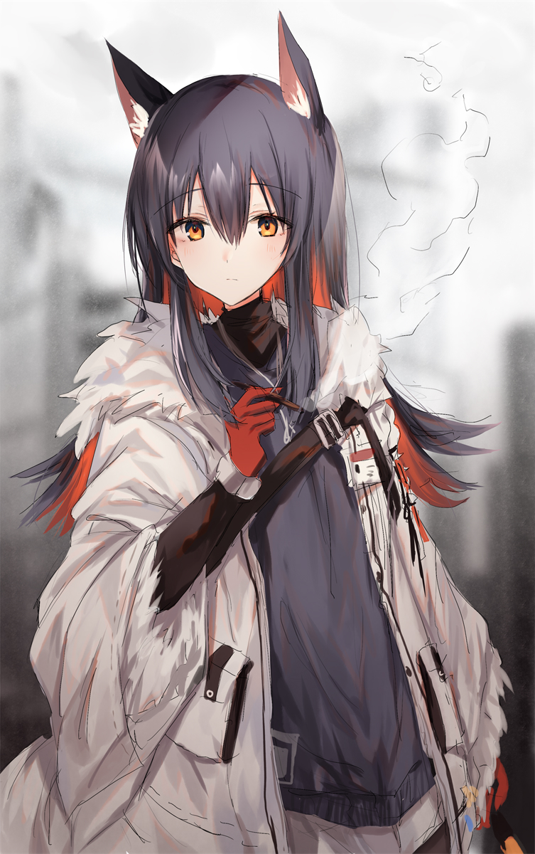 1girl alternate_costume animal_ear_fluff animal_ears arknights bad_id bad_pixiv_id bangs black_hair black_shirt blurry blurry_background cigarette commentary_request eyebrows_visible_through_hair fur-trimmed_jacket fur-trimmed_sleeves fur_trim gloves hair_between_eyes hand_up highres holding holding_cigarette id_card jacket kinona long_hair looking_at_viewer multicolored_hair red_gloves redhead shirt smoke smoking texas_(arknights) two-tone_hair upper_body white_jacket wolf_ears wolf_girl yellow_eyes