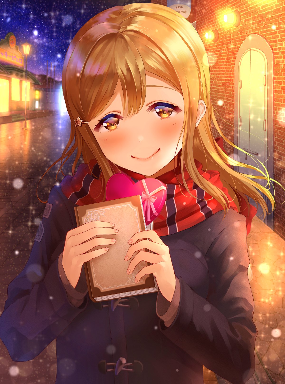 1girl bangs blush book coat gift hair_ornament hair_tie heart highres holding holding_book kunikida_hanamaru lamppost light light_brown_hair long_sleeves looking_at_viewer love_live! love_live!_sunshine!! medium_hair nail_polish night outdoors pink_ribbon red_neckwear ribbon scarf shop smile snowing solo star star_hair_ornament storefront striped striped_neckwear upper_body usamaru67pi valentine yellow_eyes