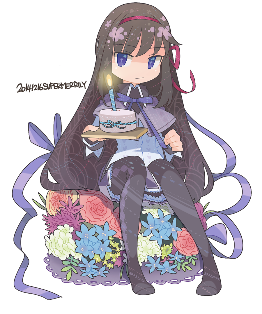 1girl 2014 :/ akemi_homura argyle argyle_legwear black_hair black_legwear blue_flower blue_ribbon cake candle capelet chibi clenched_hand closed_mouth collared_shirt commentary_request dated eyebrows_visible_through_hair fire flat_chest flower food full_body green_flower hair_between_eyes hair_ribbon heart heart_print high_collar holding holding_cake holding_food jitome kennymoney knees_together_feet_apart leaf long_hair long_sleeves mahou_shoujo_madoka_magica no_nose pantyhose pastry patterned_clothing pink_flower pink_rose purple_capelet purple_flower purple_ribbon purple_skirt red_ribbon ribbon rose shiny shiny_skin shirt simple_background sitting skirt solo sparkling_eyes straight_hair sweets violet_eyes white_background white_flower