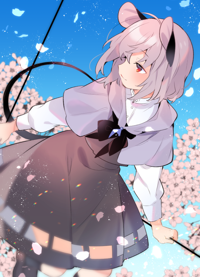 1girl akagashi_hagane animal_ears black_footwear black_skirt blue_background capelet cherry_blossoms commentary_request day dowsing_rod grey_hair holding jewelry long_sleeves looking_to_the_side mouse_ears mouse_tail nazrin outdoors pendant petals red_eyes shirt short_hair skirt smile solo tail touhou white_shirt