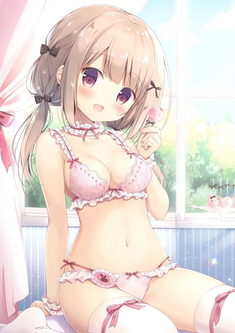 1girl :d arm_support bangs bare_arms bare_shoulders black_bow blush bow bow_bra bow_panties bra breasts brown_eyes brown_hair commentary_request curtains eyebrows_visible_through_hair food hair_bow head_tilt holding holding_food indoors long_hair looking_at_viewer low_twintails medium_breasts miyasaka_nako navel no_shoes open_mouth original panties pink_bra pink_panties red_bow sitting smile solo thigh-highs twintails underwear underwear_only wariza white_legwear window wrist_cuffs